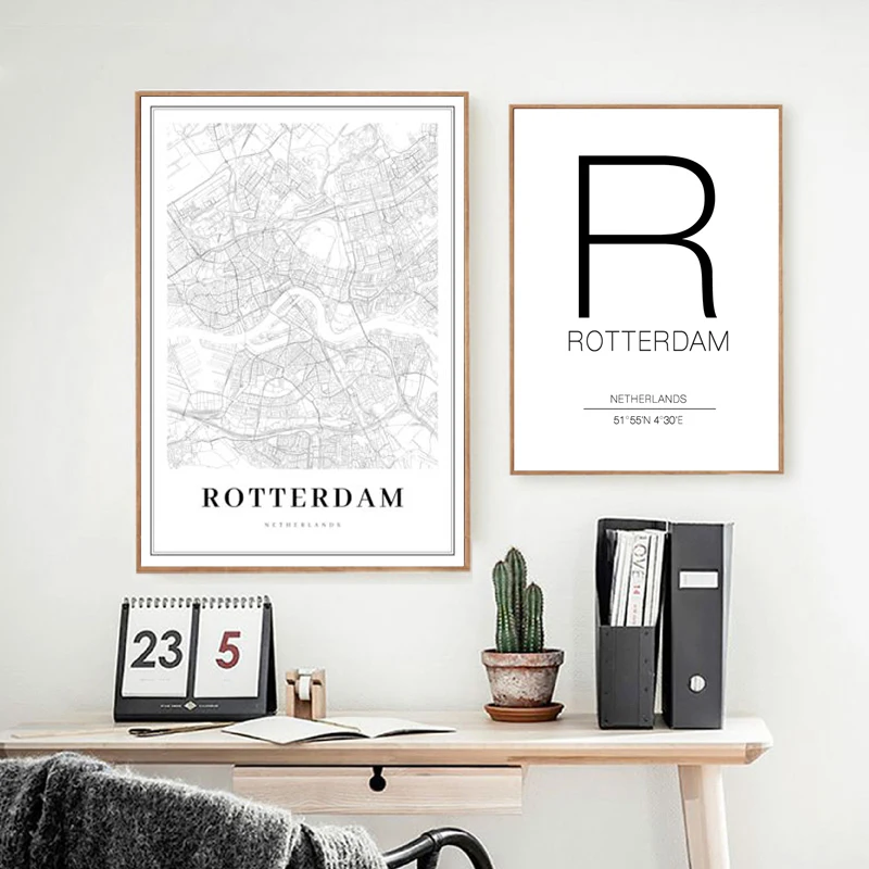 Rotterdam City Map Netherlands Black and White Prints Art Canvas Painting Posters Wall Art Pictures for Living Room Home Decor