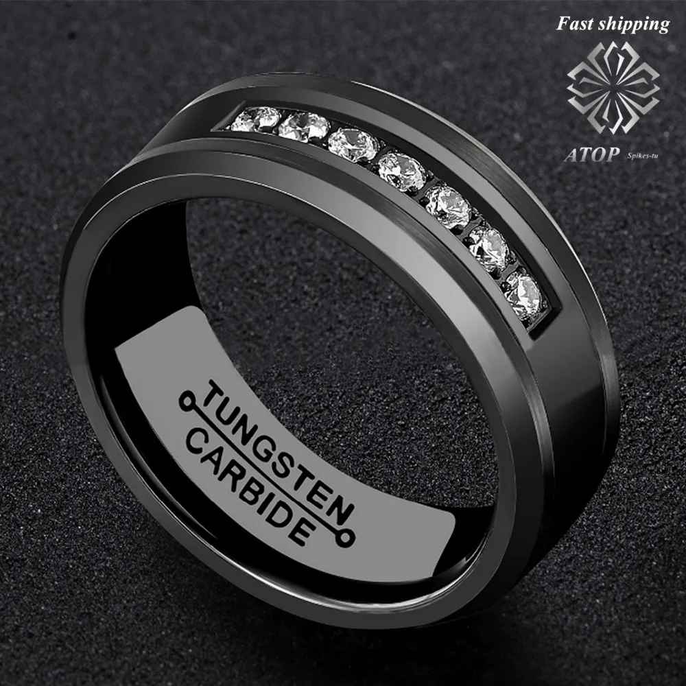 8mm Black Tungsten Carbide Ring Diamonds Inlay Comfort Fit Wedding Band Bridal