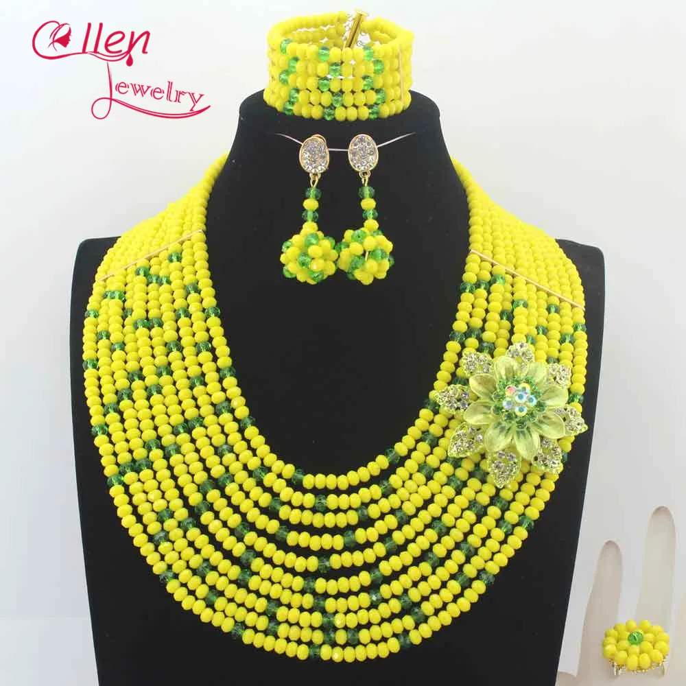 

New Arrived Nigeria Wedding Beads Set Necklace Yellow and Green African Beads Women Crystal Jewelry Sets Free Shipping N0097
