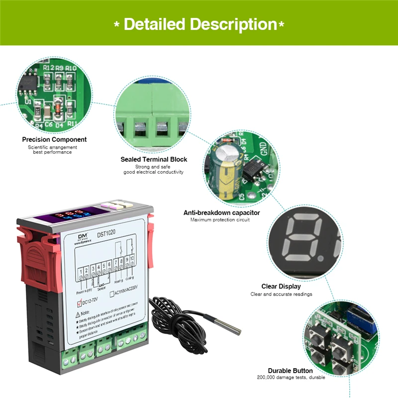 DST1000/1020 Digitaler Temperaturthermostat mit LED-Anzeige, Controller-Sensor, Dual-Modus für Inkubator, DC 12-72V, AC 110V 220V – Detail 17