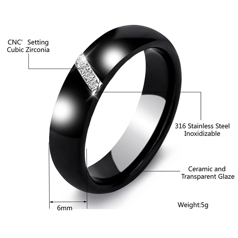 6mm feminino anéis de cerâmica clássico preto branco anéis suave índia pedra cristal jóias moda anel de noivado de casamento 2020