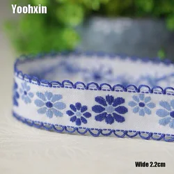 Cinta de encaje de flores bordadas de algodón azul, 2,2 CM de ancho, apliques de costura DIY, Cordón de cuello, decoración de tela de guipur de boda