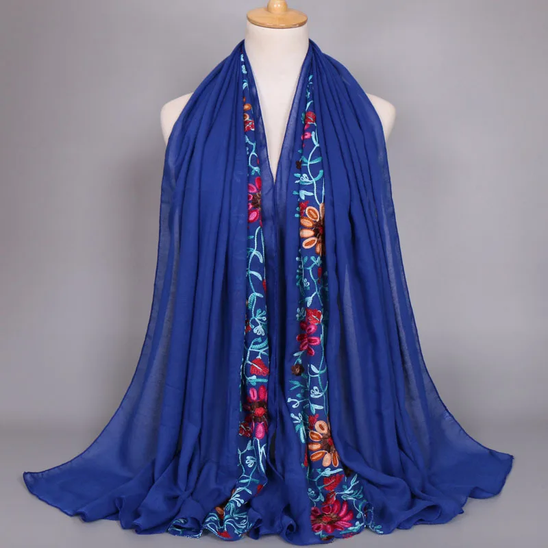 2023 outono moda bordado viscose cachecol feminino ponto liso algodão cachecóis xale flor azul marinho sjaal muçulmano hijab foulards