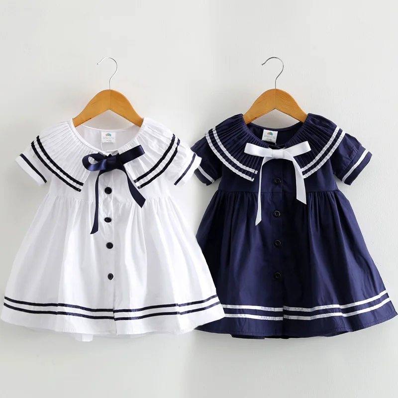 2024 Summer 2 3 4 5 6 8 10 Years Children Cute Short Sleeve Botton Bow Sailor Collar Patchwork Navy Blue Little Kids Girls Dress