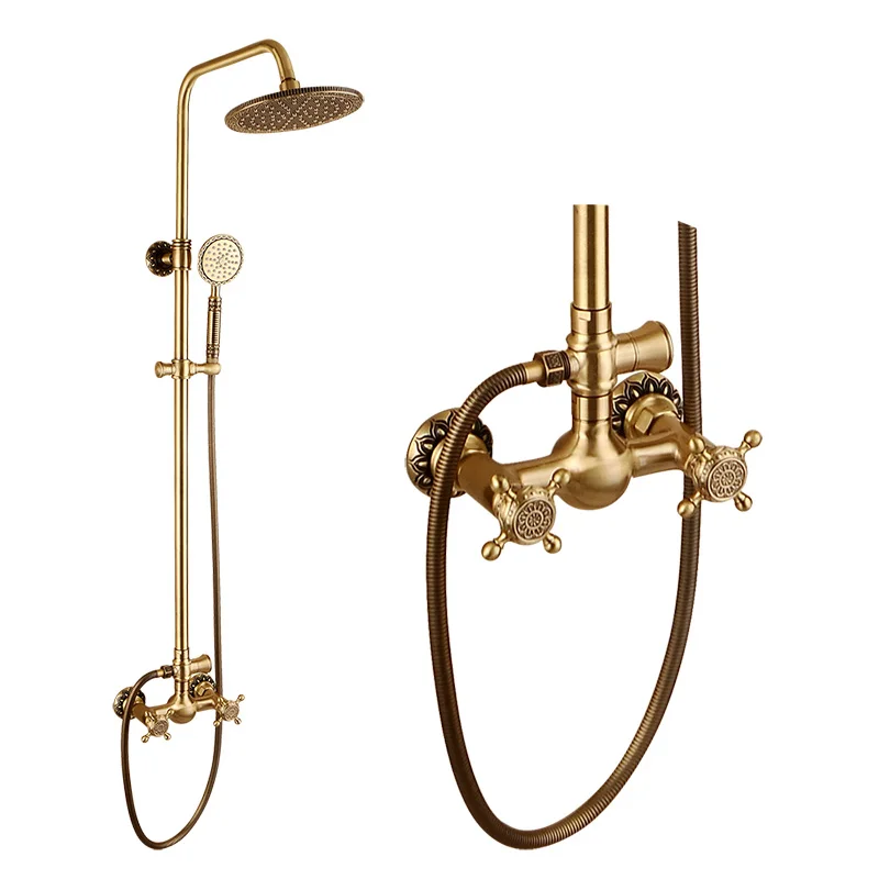 Antique Brass Wall Mount Rain Fall Bathroom Shower Faucet 8 Inch Shower Head Arm Shower Set Mixer With Handy Unit Tap