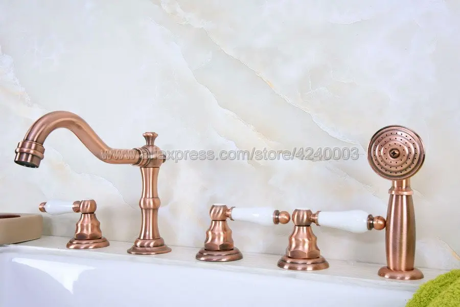 

Antique Red Copper Bathroom Tub Mixer Faucet Set Deck Mounted with Handshower 3 Handles Widespread Bathtub Taps Ktf226