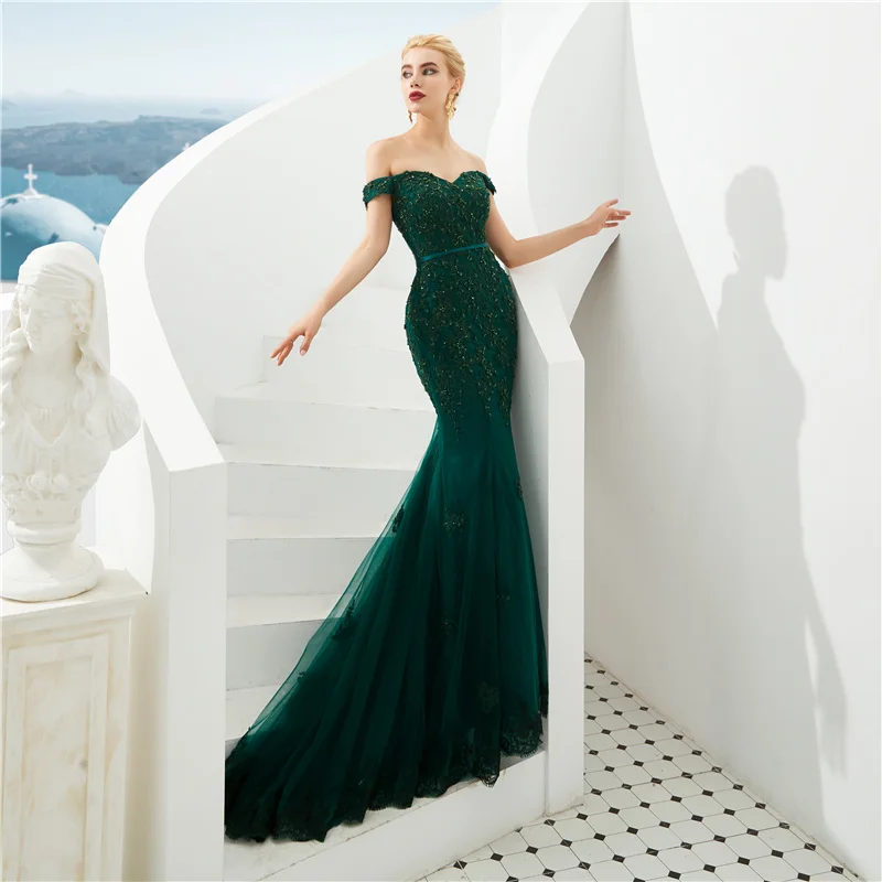 Vestido De noche De sirena verde oscuro, vestido De encaje con apliques De cuentas, con hombros descubiertos, 2022