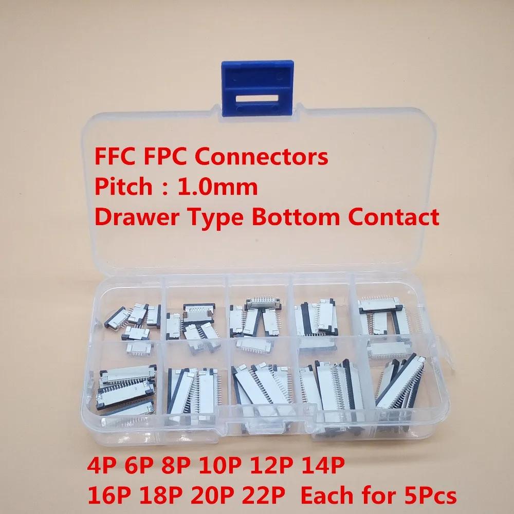 50pcs FFC FPC Connector 1.0mm 4/6/8/10/12/14/16/18/20/22 Pin Drawer Type Bottom Contact Flat Cable Connector Socket Sets