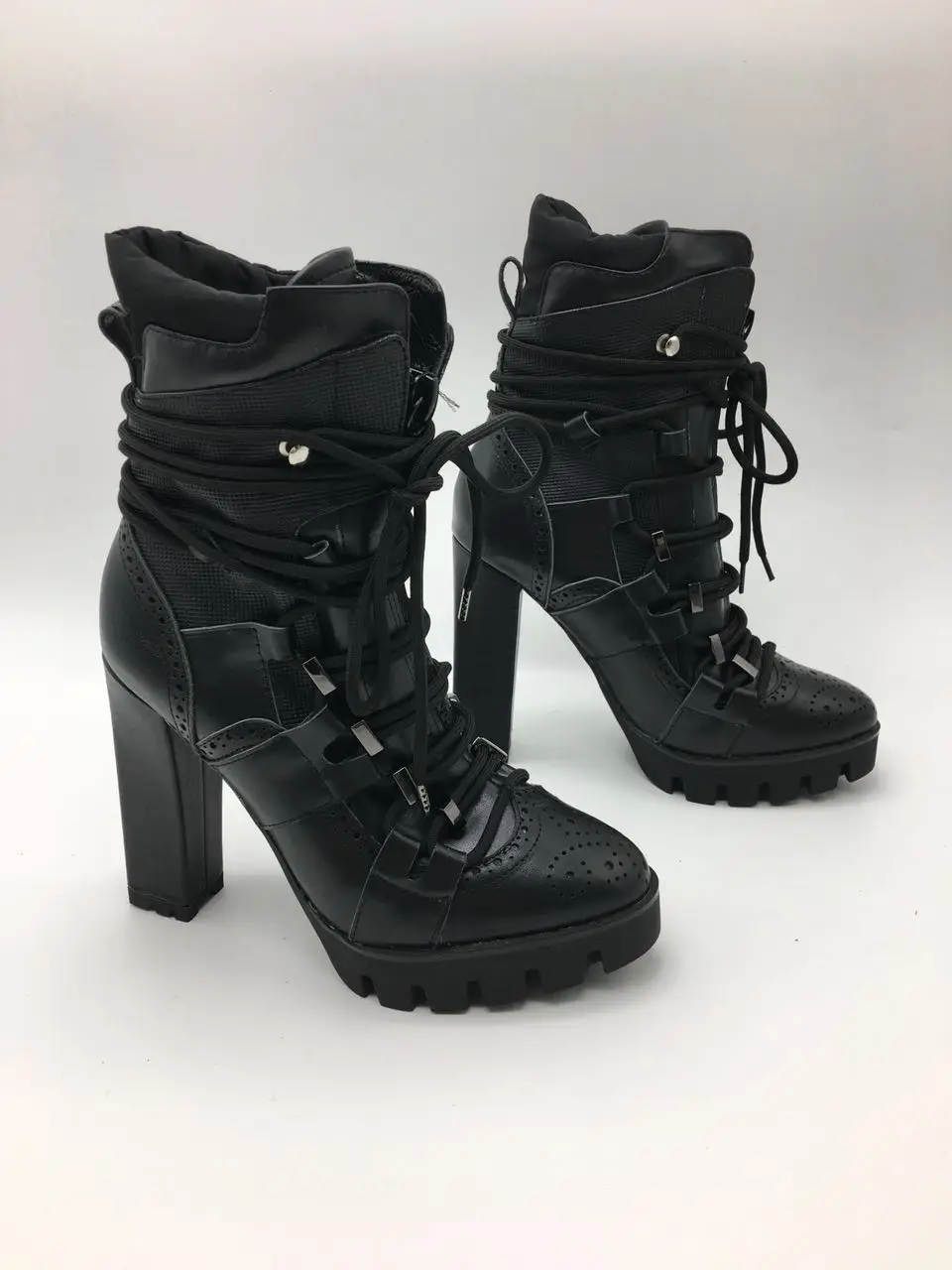 Sestito Women Cool Black Cross-tied Platform Motorcycle Boots Ladies Square High Heels Ankle Boots Girls Real Leather Shoes