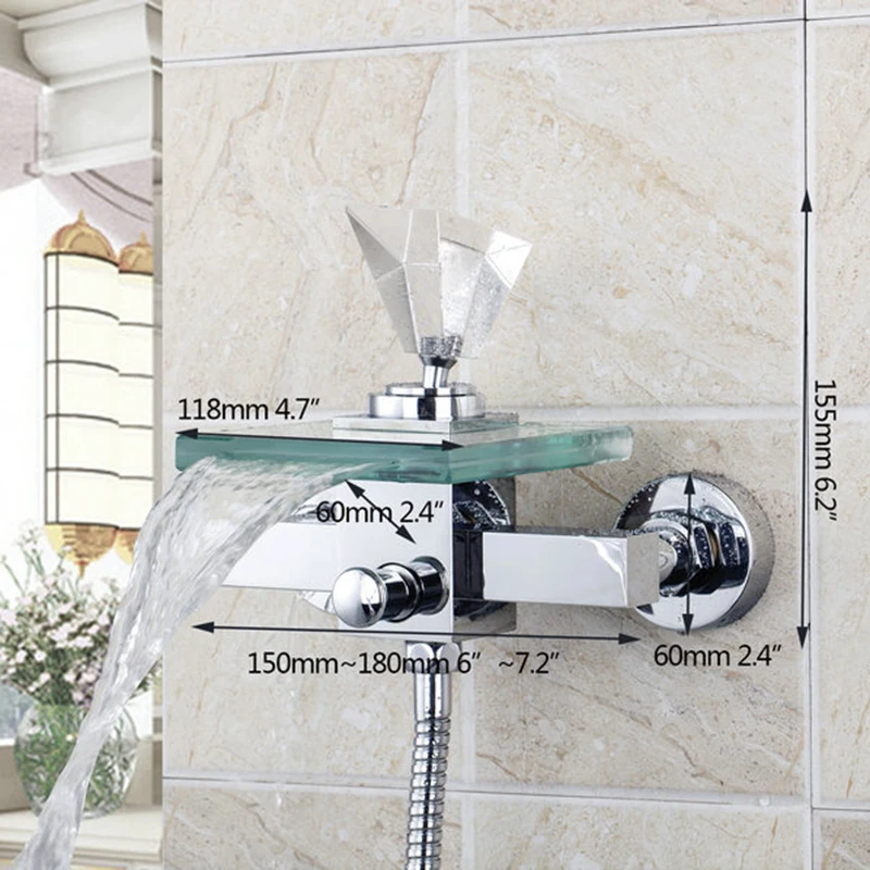 Imagem -02 - Kit de Torneira Cascata para Banheira Conjunto de Torneira Ducha e Misturadores de Vidro com Regulação de Diamante para Fixação na Parede