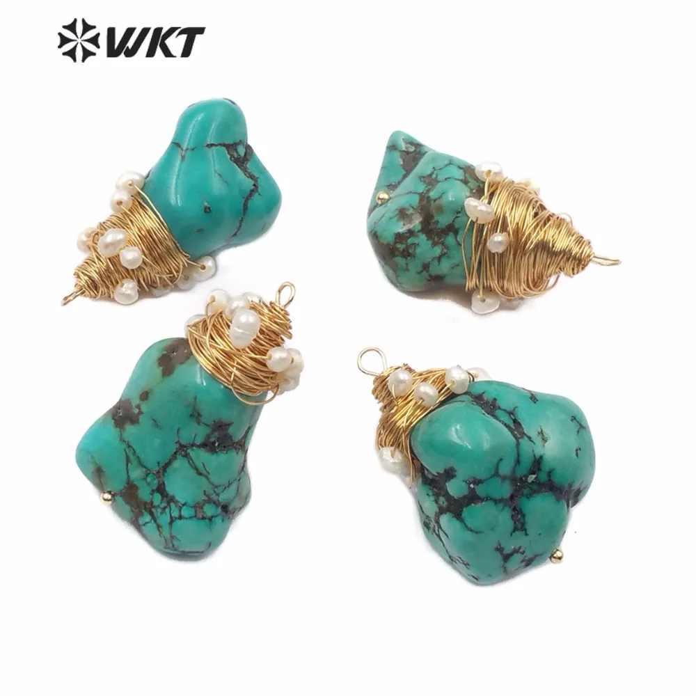 WT-P1444 New Irregular Shape Turquoises Pendant Green Stone With Copper Wire Winding White Pearl Decoration Jewelry Accessories