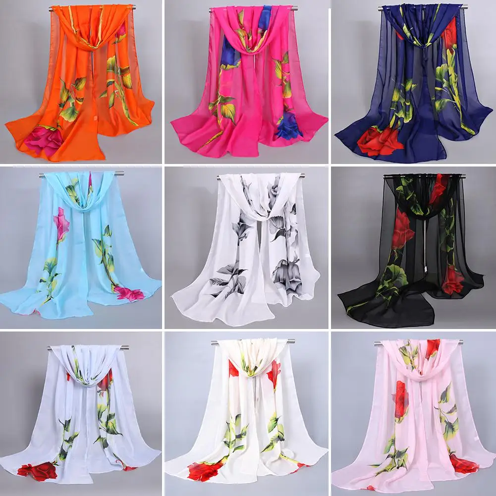 

Women Fashion Long Soft Wrap Shawl Rose Flower Printed Sheer Chiffon Scarf шарф