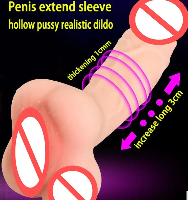 Super Realistic Soft Hollow Dildo Vagina Pocket Pussy Penis Sleeve Cock Extender Gay Masturbator Unisex Sex Toy For Men Women