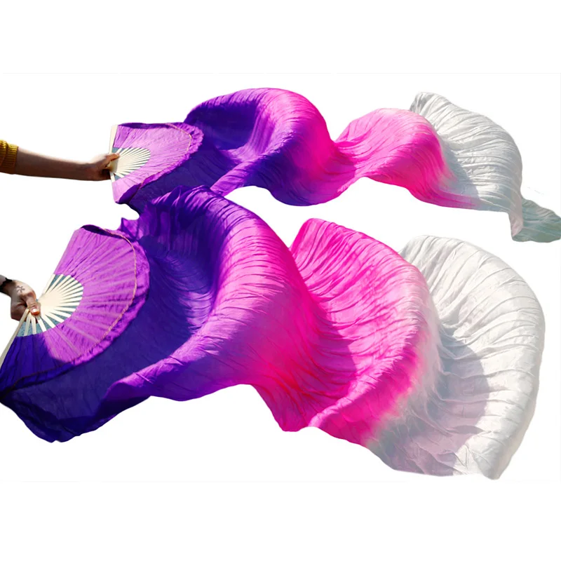 100% seda Real para fanáticos de la danza del vientre, 1 par, para mano izquierda + derecha, para actuaciones de danza del vientre, púrpura + Rosa + blanco, se pueden personalizar 180x90cm