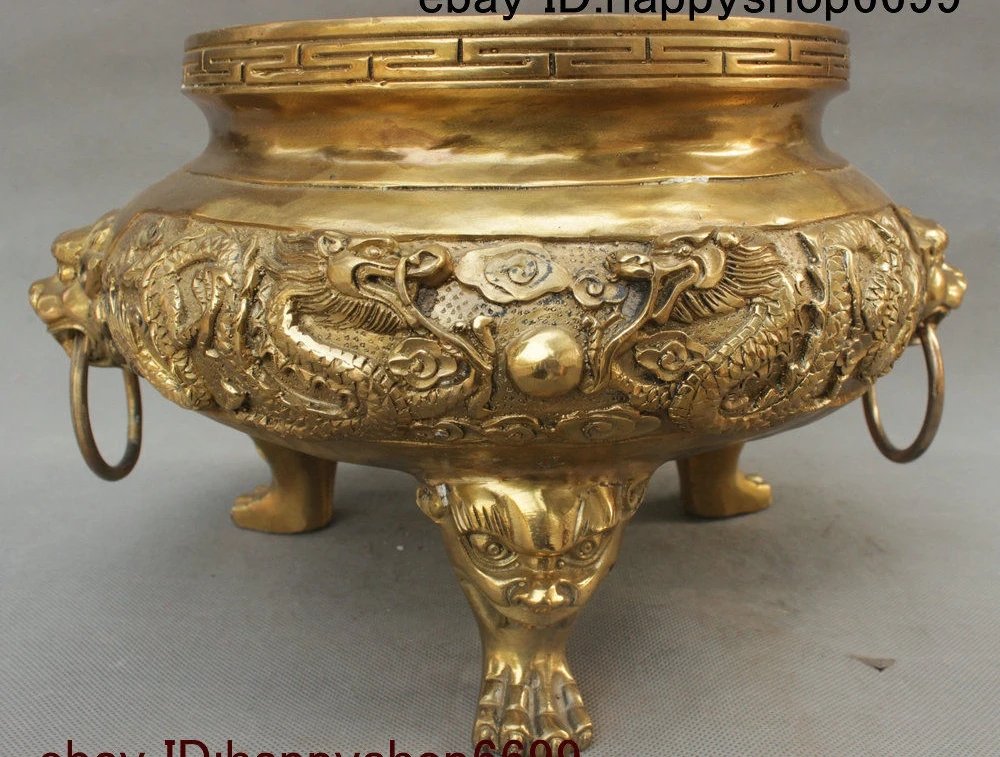 

China Fengshui Copper Brass Dragon Lion Head Beast Incense Burner Censer Statue