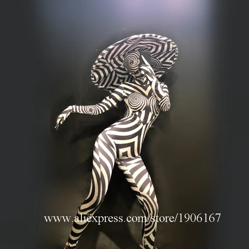 Halloween Zebra Style Dance Bodysuit Big Hat Models TV Show Stage Performance Ballroom Costume Nightclub Bar Party Jumpsuit