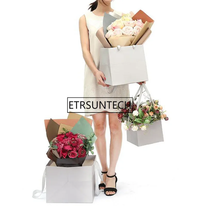 

Pure Color Flower Paper Boxes With Handhold Hug Bucket Florist Gift Packaging Box Party Gift Packing Bag 100pcs