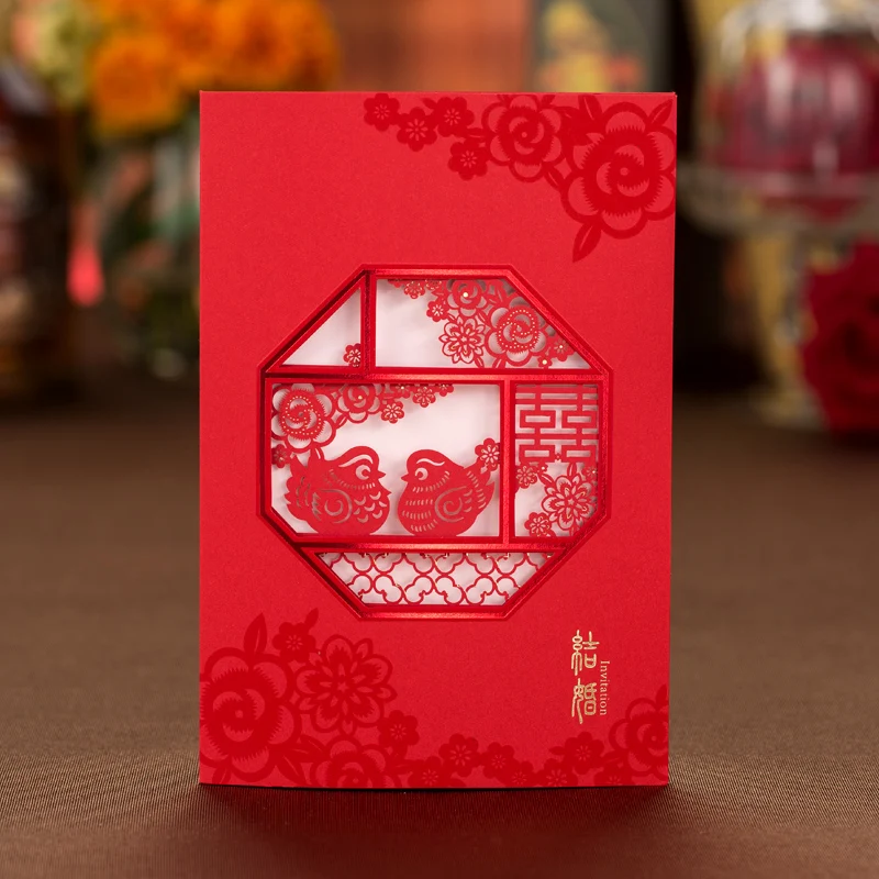 Chinese Style Red Lovebirds And Double Happiness Wedding Invitations Card With Customized Inner Envelopes