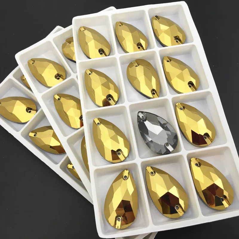 Gold Hematite Color Teardrop Sew On Rhinestones Droplet Sewing Glass Crystals 7x12mm,11x18mm,13x22mm,16x25mm,17x28mm,22x38mm