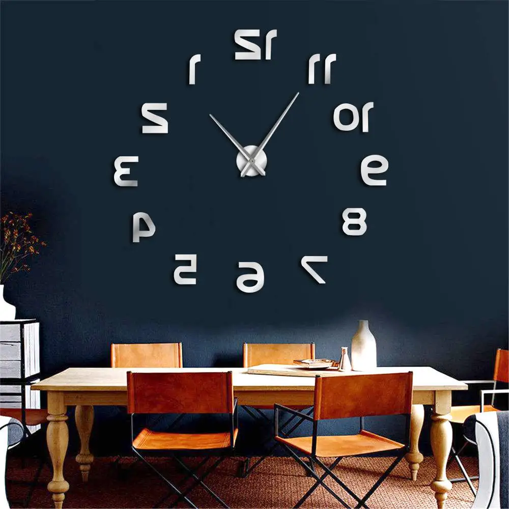 Backwards 3D DIY Large Wall Clock Modern Reverse Numbers Frameless Time Watch Luxury Mirror Effect Big Needle Reverse Clock