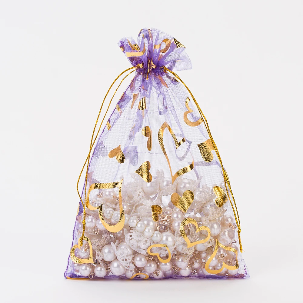 Organza Gift Bag 10x15cm Light Purple Heart Bronzing Wedding Party Favor holders Jewelry Packaging Drawstring Pouch