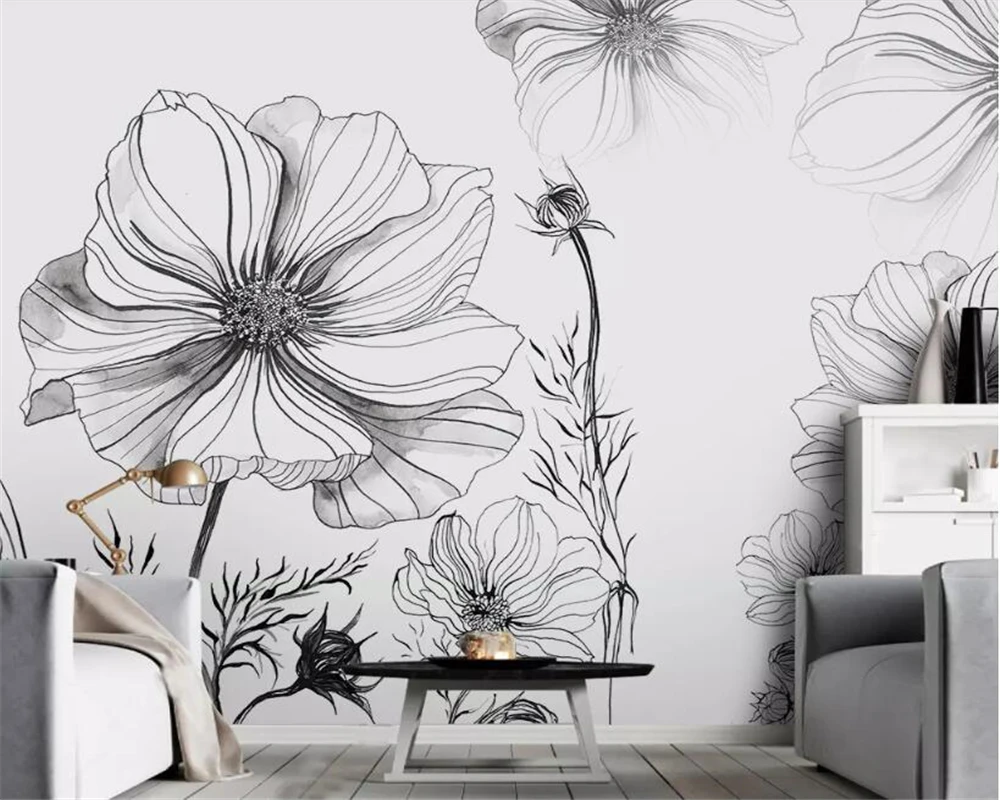 Custom Wallpaper Modern Hand Painted black and white floral tv wallpapers for living room papel de parede 3d wallpaper