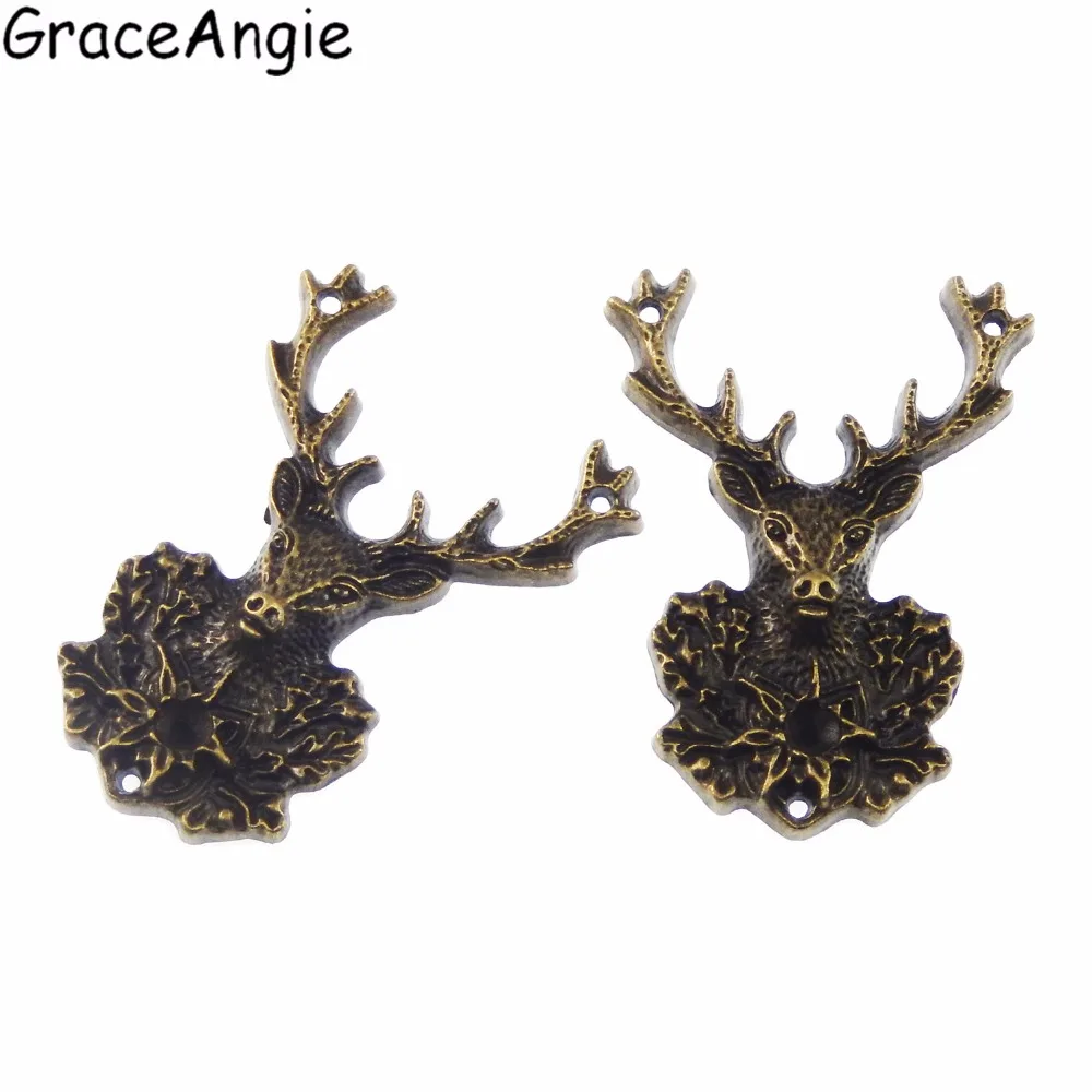 GraceAngie 6PCS Antique Bronze Deer Elk Head Shape Two Hole Pendant Connectors Retro Style Jewelry Necklace Making Findings