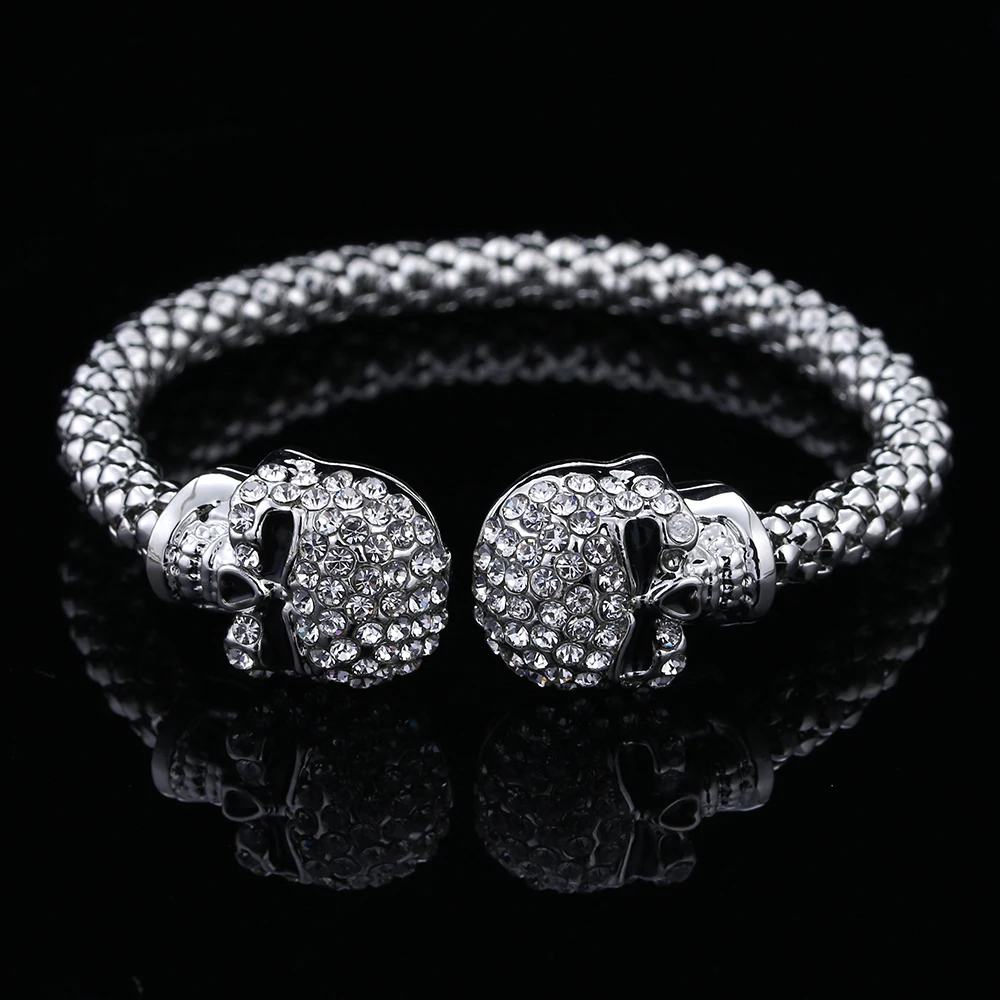 Punk Skull Crystal Open Bangle For Men 3 Color Gothic Skeleton Double Skull Heads Cuff Bracelets & Bangles Men's Jewelry