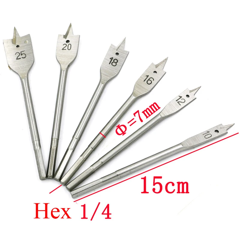 6Pcs=One Set Wood Flat Drill Sets 10mm 12mm 16mm 18mm 20mm 25mm Paddle Flat Wood Boring Drill Bit Set Power Tools With Hex Shank