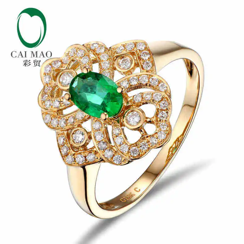 CaiMao 0.53ct Natural Emerald 18KT/750 Yellow Gold 0.26ct Full Cut Diamond Engagement Ring Jewelry Gemstone colombian