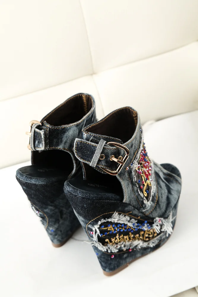 Desinger Shoes Summer High Heels mules Open Toe Denim Blue jeans Sandals Luxury Brand Woman Wedges Peep Toe Cowboy Ankle Boots