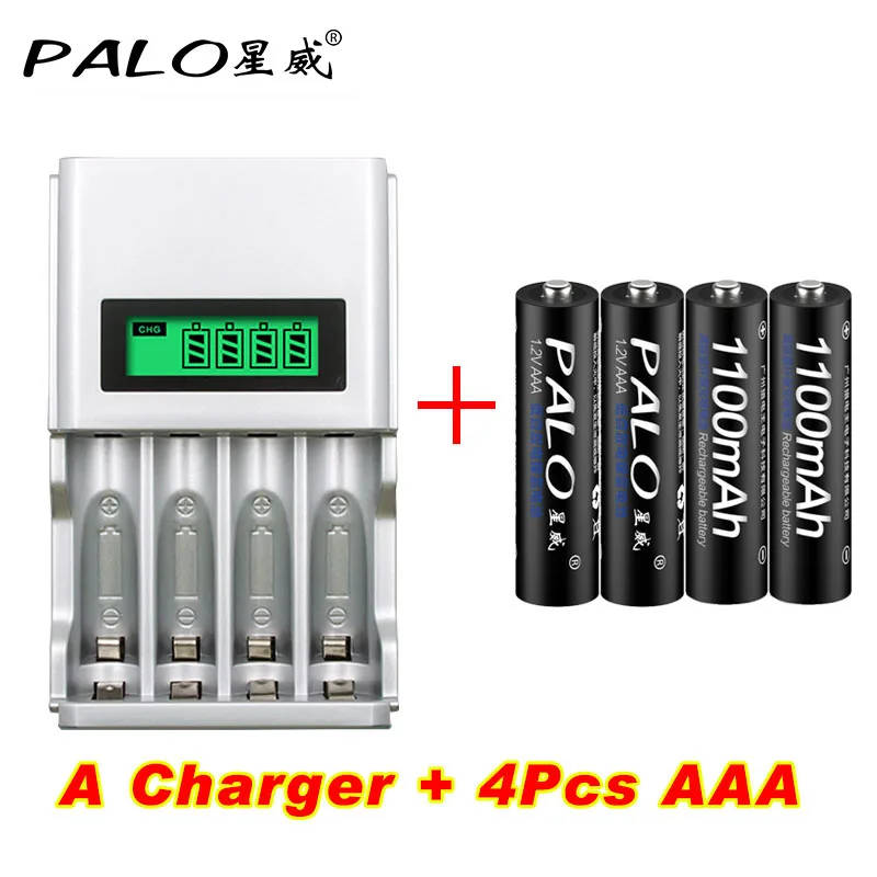 

PALO 4 Slots Smart LCD Display Fast Quick Battery Charger Intelligent Battery Charger + 4pcs 1100mah AAA rechargeable Batteries