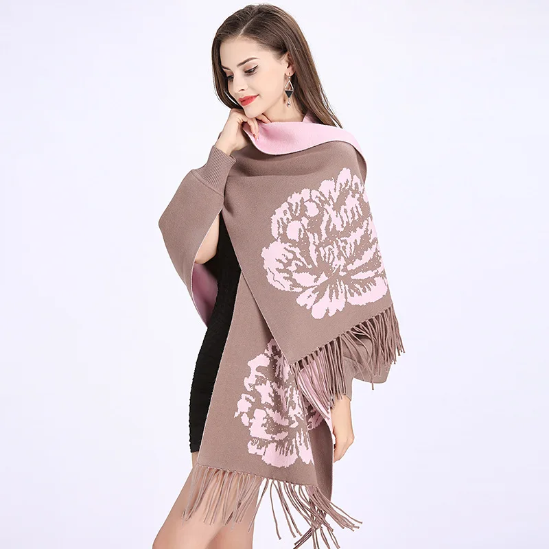 

16 Colors Women Print Designer Female Long Sleeves Wrap Out Street Shawl Coat Oversize Scarf Winter Knitted Floral Poncho Cape