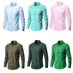 Brand 2024 Men Shirt 17colors Solid White Dress Shirt Long Sleeve Slim Fit Business Camisa Masculina Casual Male Hawaiian Shirts