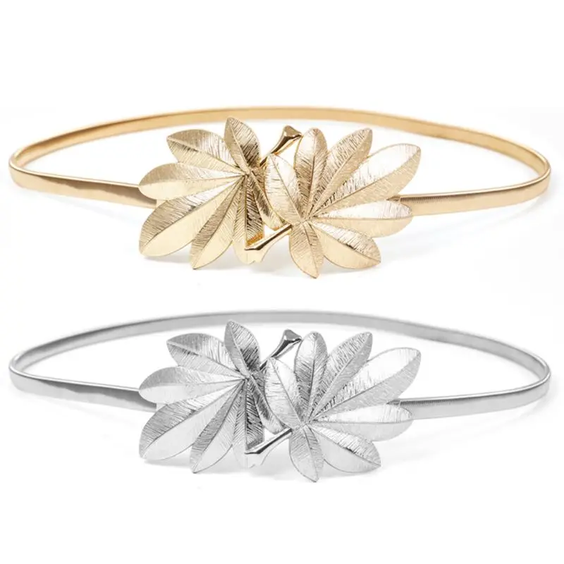 

Women Skinny Waistband Maple Leaf Shape Metal Buckle Glitter Solid Color Elastic Wedding Dress Waist Belt Gold/Silver