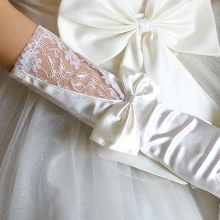 Wedding Accessories 2018 New Arrival Opera Finger Satin Bridal Gloves 33cm Bow Lace Women White Wedding Gloves Noivas LT081