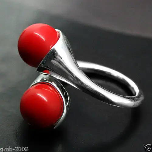 

wholesale good 6MM RED CORAL S STERLING RING SIZE ADJUSTABLE s-jewelryLuxury Ms. girl Wedding