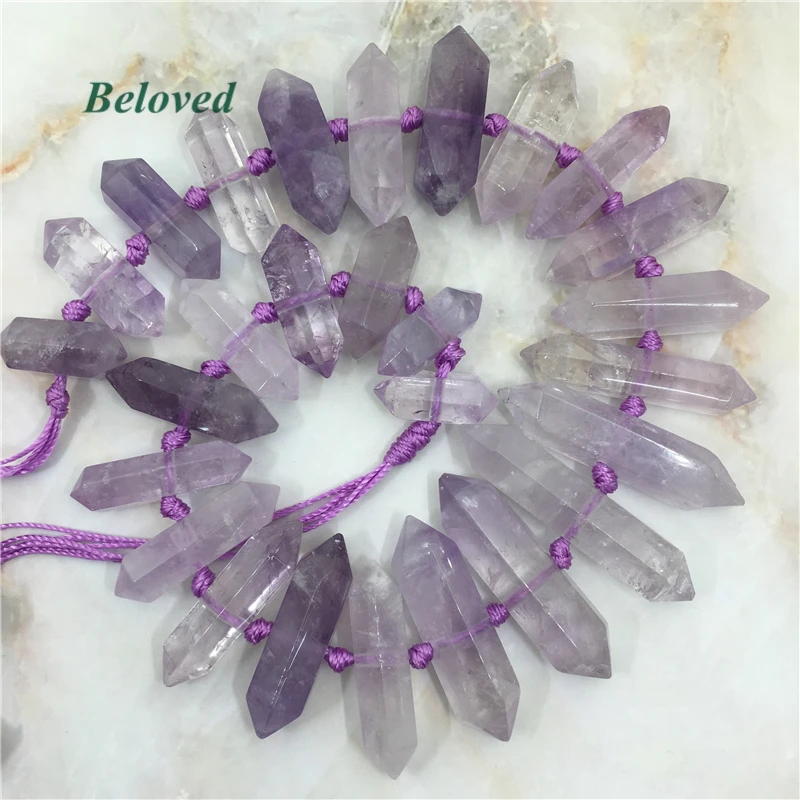 

Natural Double Terminated Amethysts Quartz Beads, Middle Drilled Purple Crystal Quartz Pillar Point Bracelet Findings, BG18022