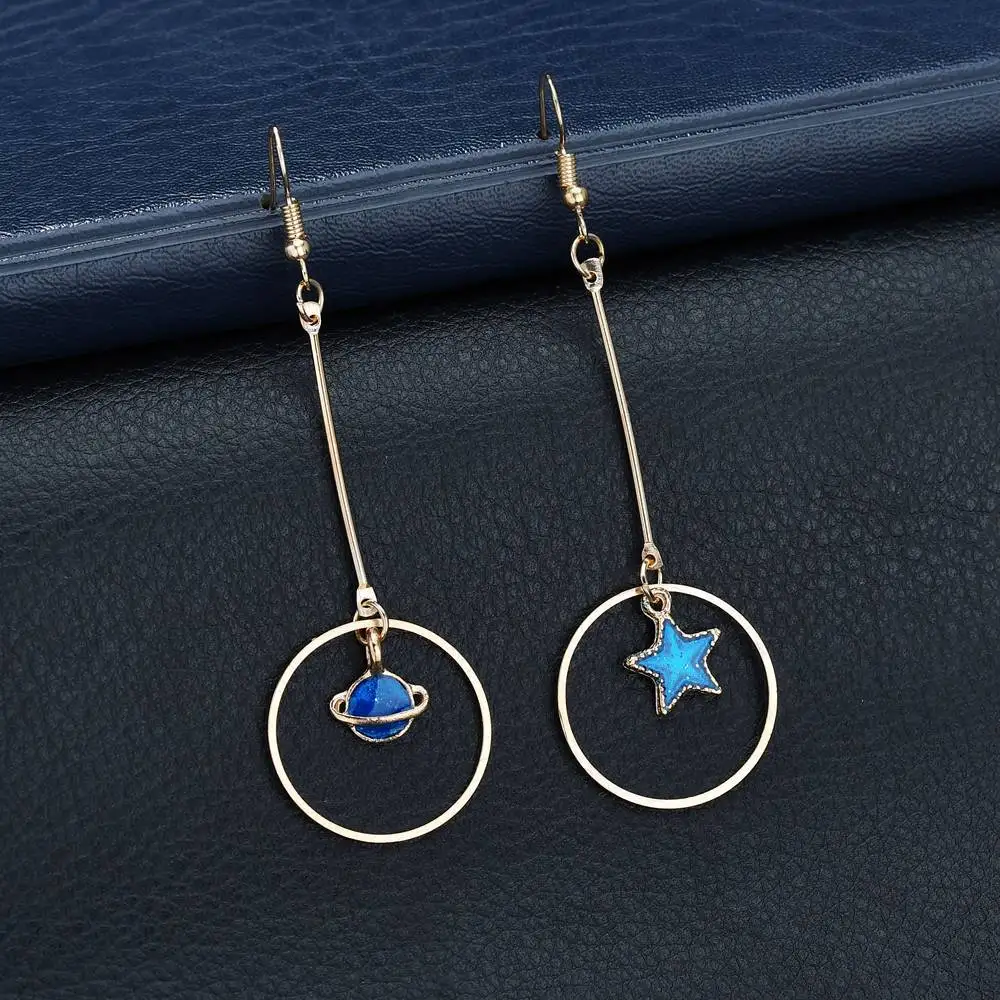 New Style Blue Star Moon universe alloy Asymmetric earrings For Women creative irregular Round Planet Drop Earrings