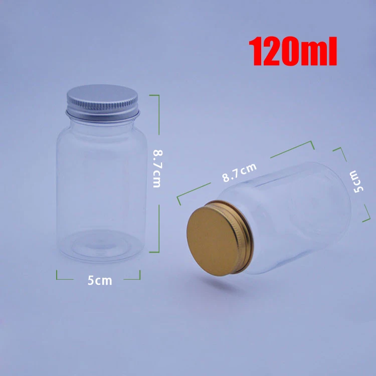 

100pcs 120ml Transparent PET Plastic Bottles, Capsules/Pills/Powder/Vitamin Medicine Empty Bottles--Golden/Silver Aluminum Caps