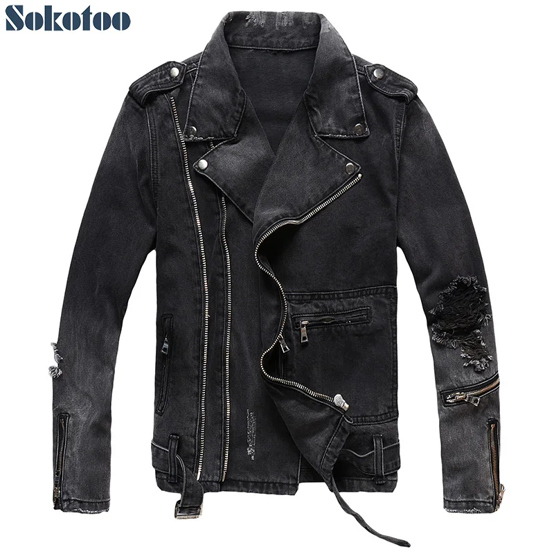 Sokotoo Mannen Ritsen Black Denim Jean Biker Jasje Voor Motorfiets Vintage Epaulet Gaten Ripped Verontruste Jas