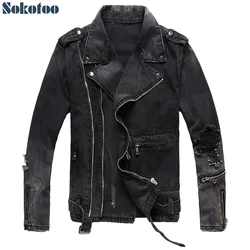 Sokotoo 남성용 지퍼 블랙 데님 진 바이커 재킷, 오토바이 빈티지 견장 구멍 찢어진 고민 코트