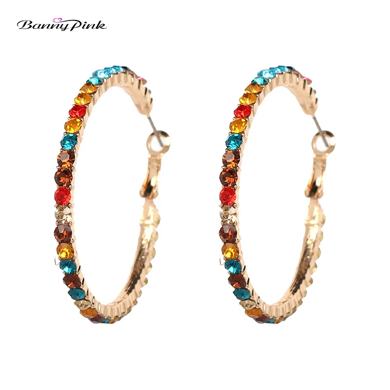 Banny Pink Colorful Crystal Rhinestone Statement Earrings For Women Big Hollow Round Circle Studs Earring Metal Letter C Earring