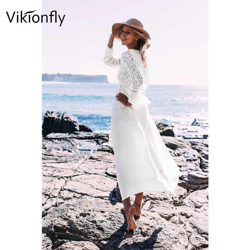 Vikionfly vestido longo de praia para mulheres, biquíni de renda para cobrir biquini verão 2020 túnica