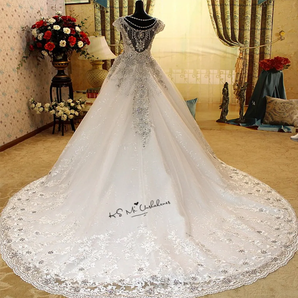 Rhinestones Luxury Wedding Dresses 2018 Sparky Ball Gown Crystals Wedding Gowns Cap Sleeve Sequins Lace Bride Dress Custom Made