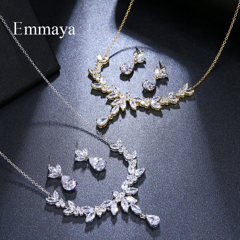 Emmaya Vivid Leaves-shape Dazzling Wedding Costume Accessories CZ Crystal Colorful Gift Earrings And Necklace Jewelry Sets