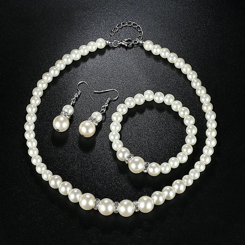 Fashion Simulated Pearl Bridal Jewelry sets For Women Adjustable Choker Earring Necklace Bracelet Crystal Wedding Jewelry Gift