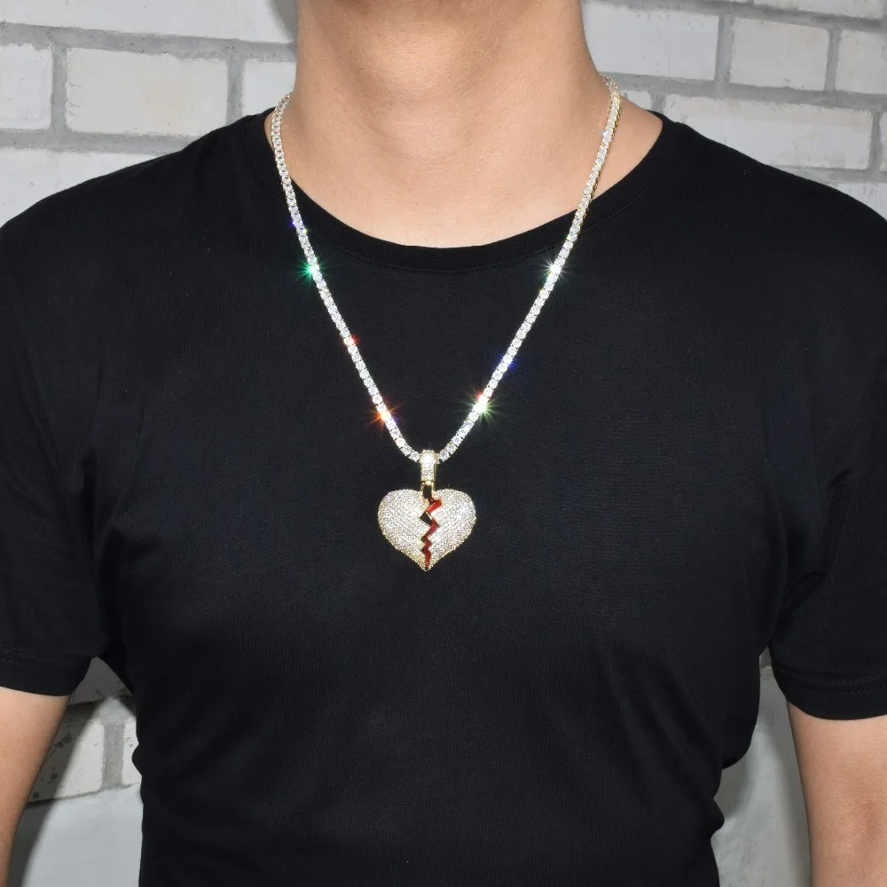 Bubble Letter Broken Heart Necklace & Pendant Charms Chain for Men Real Gold Plated Hip Hop Jewelry