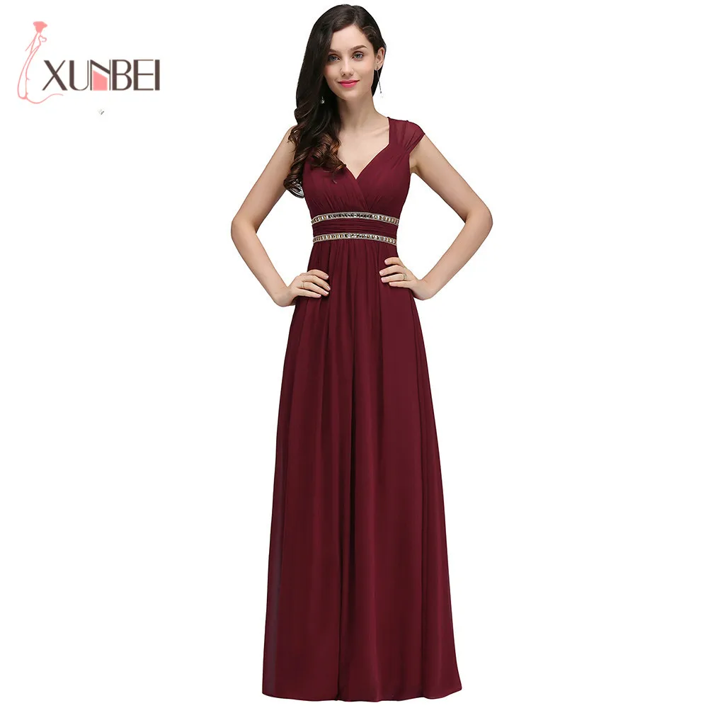 Chiffon Prom Dress V Neck Beading Burgundy Long Women Bridesmaid Dresses Backless Floor Length Sleeveless Formal Party Gown