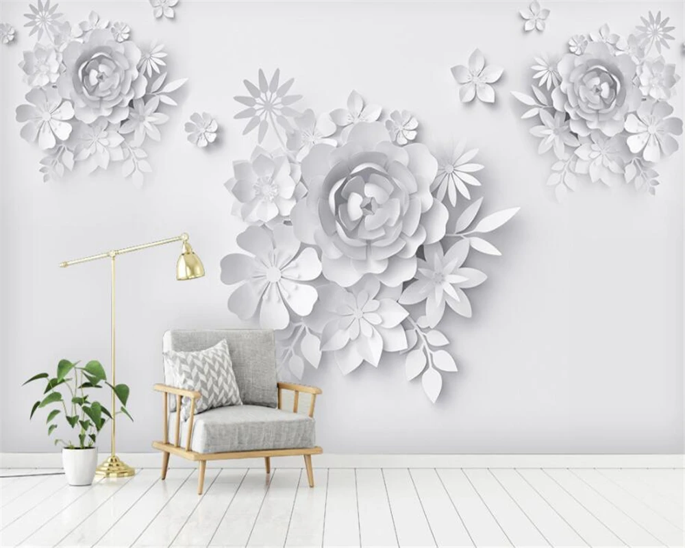 

Beibehang Custom 3d wallpaper mural stereo white Reliefs flowers TV background wall mural wallpaper for walls 3d papel de parede